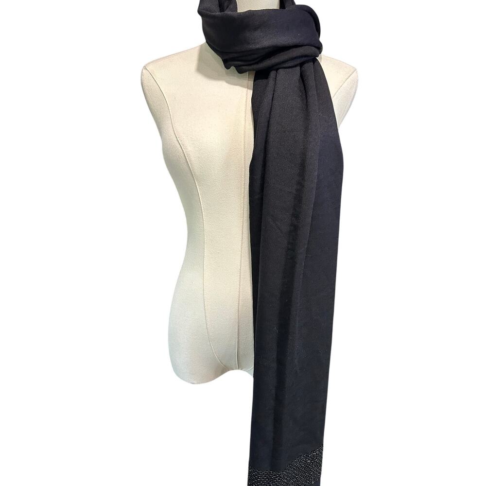 Scarf Black Hand Beaded Accent Border Fringe Shawl Formal Y2K Whimsy Goth Boho